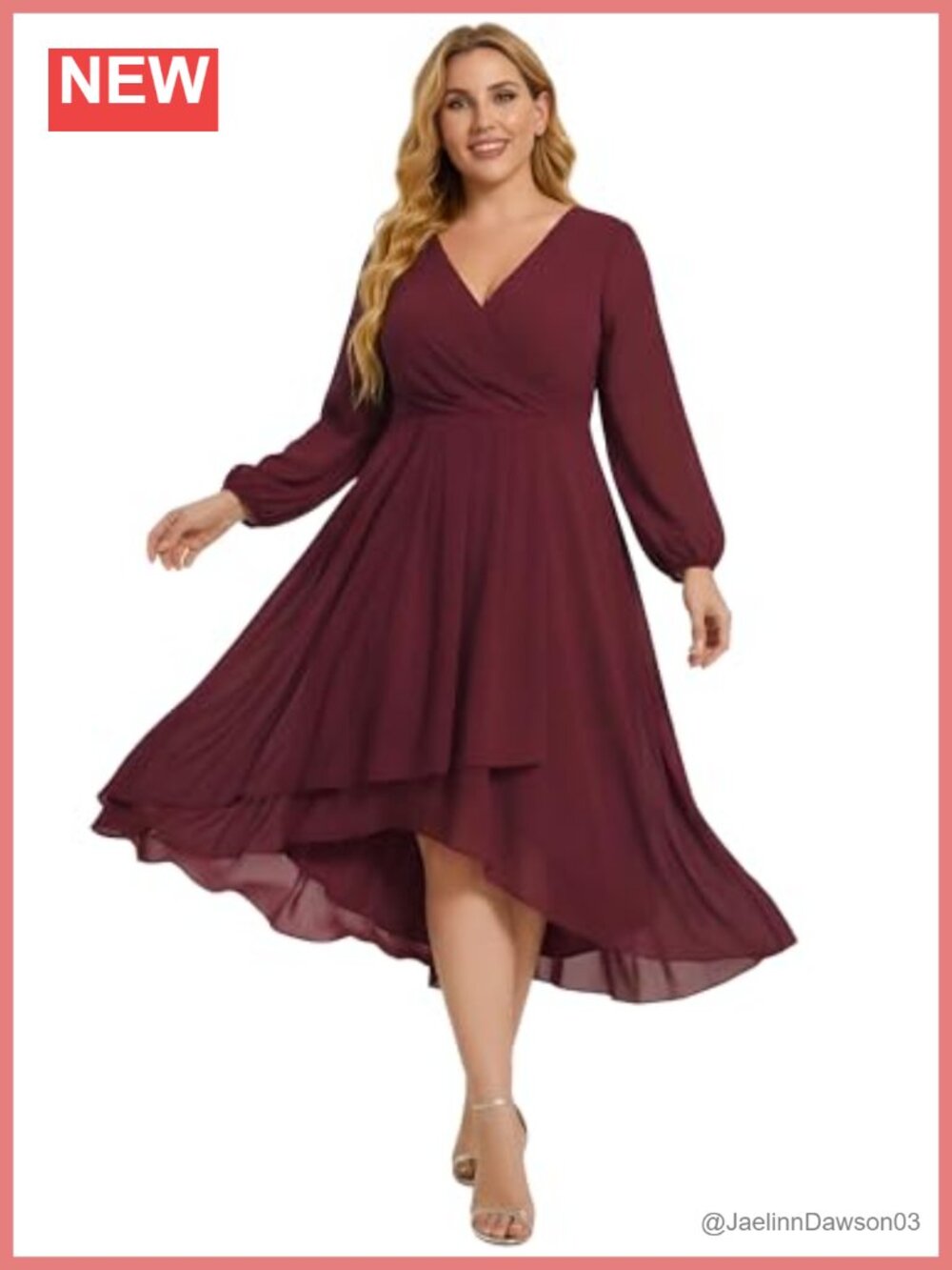 Plus Size Chiffon V-Neck Long Sleeve Midi Formal Wedding Guest Dress